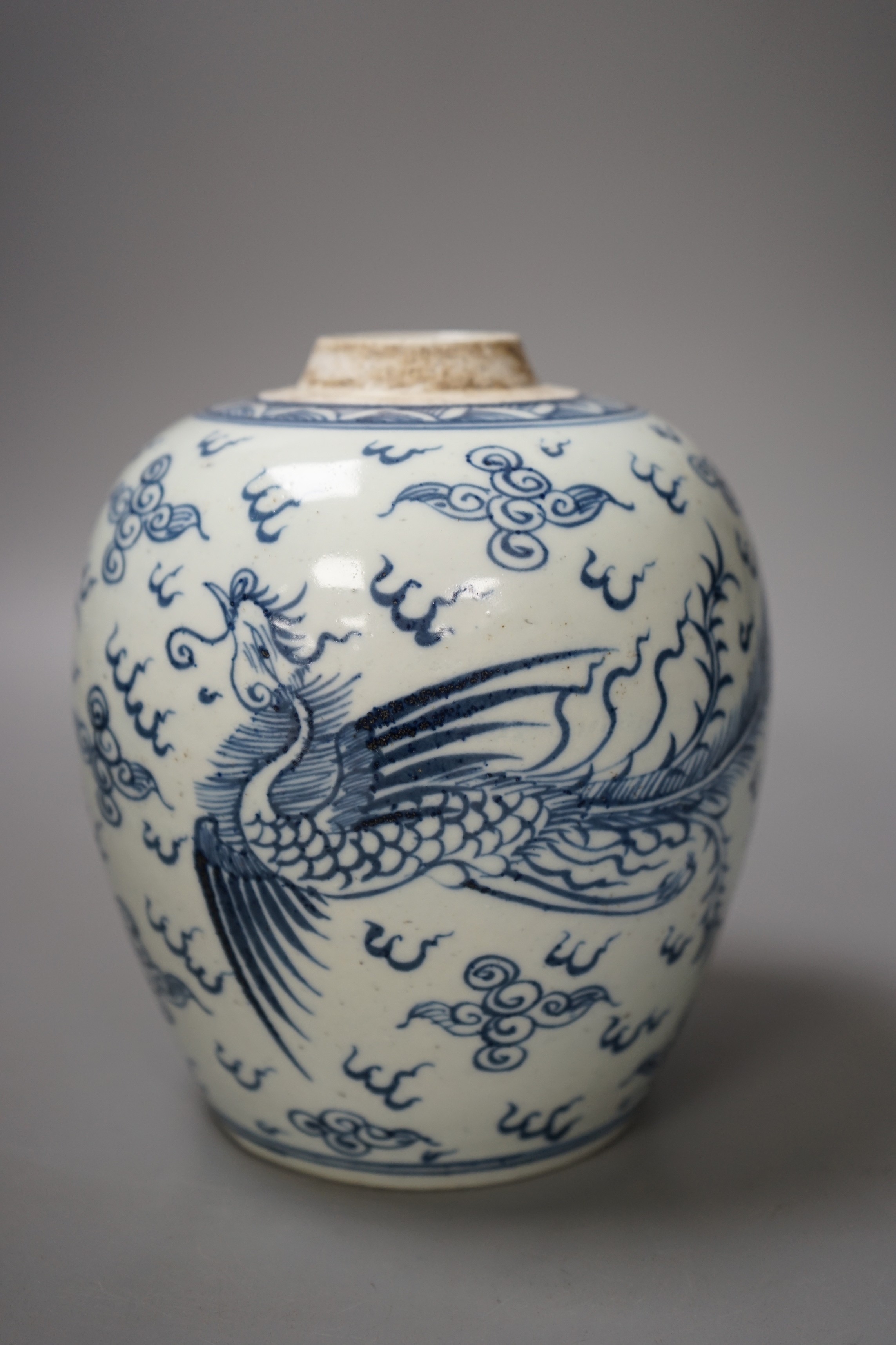 A Chinese blue and white 'phoenix' jar, 17cm